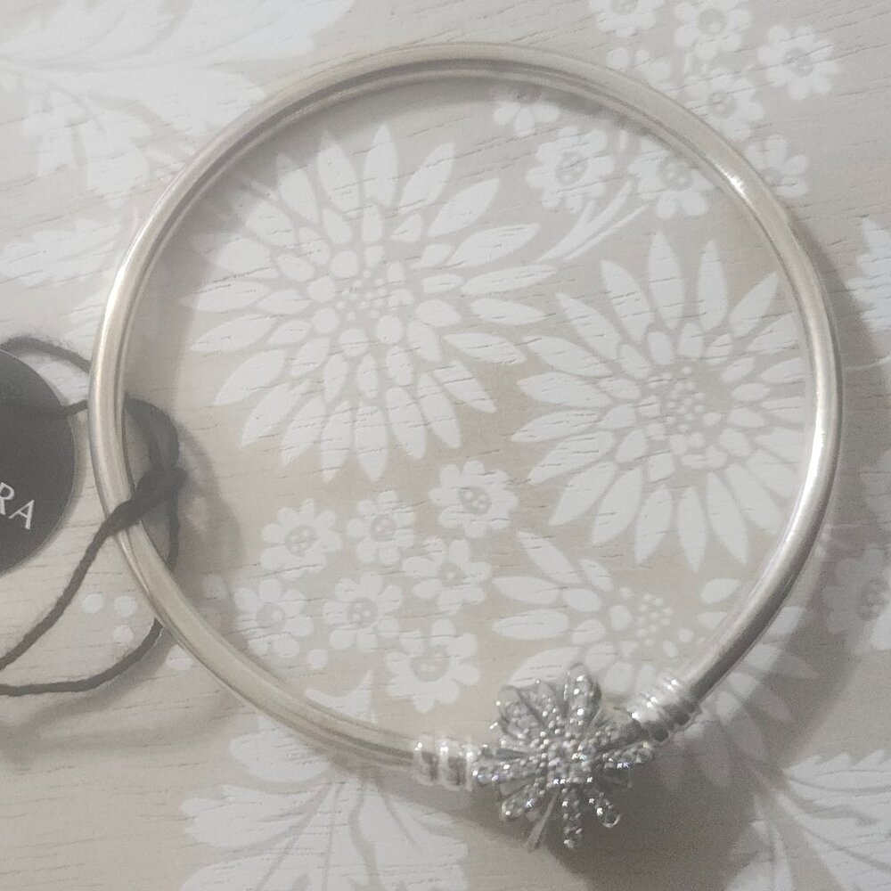 Pandora Sterling Silver CZ Fireworks Snowflake Charm Bangle Bracelet